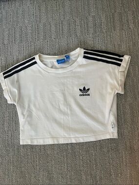 adidas White Crop Tee with Black Shoulder Stripes
